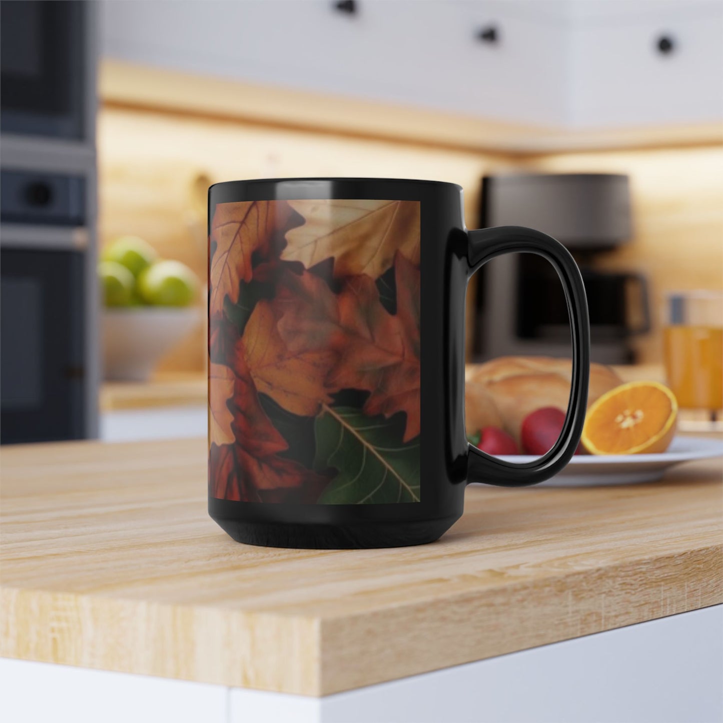 Fall Leaves Black Mug | 15oz Seasonal Coffee Cup, Fall Decor, Cozy Home Gift for Friends and Family, Thanksgiving Ceramic Mug