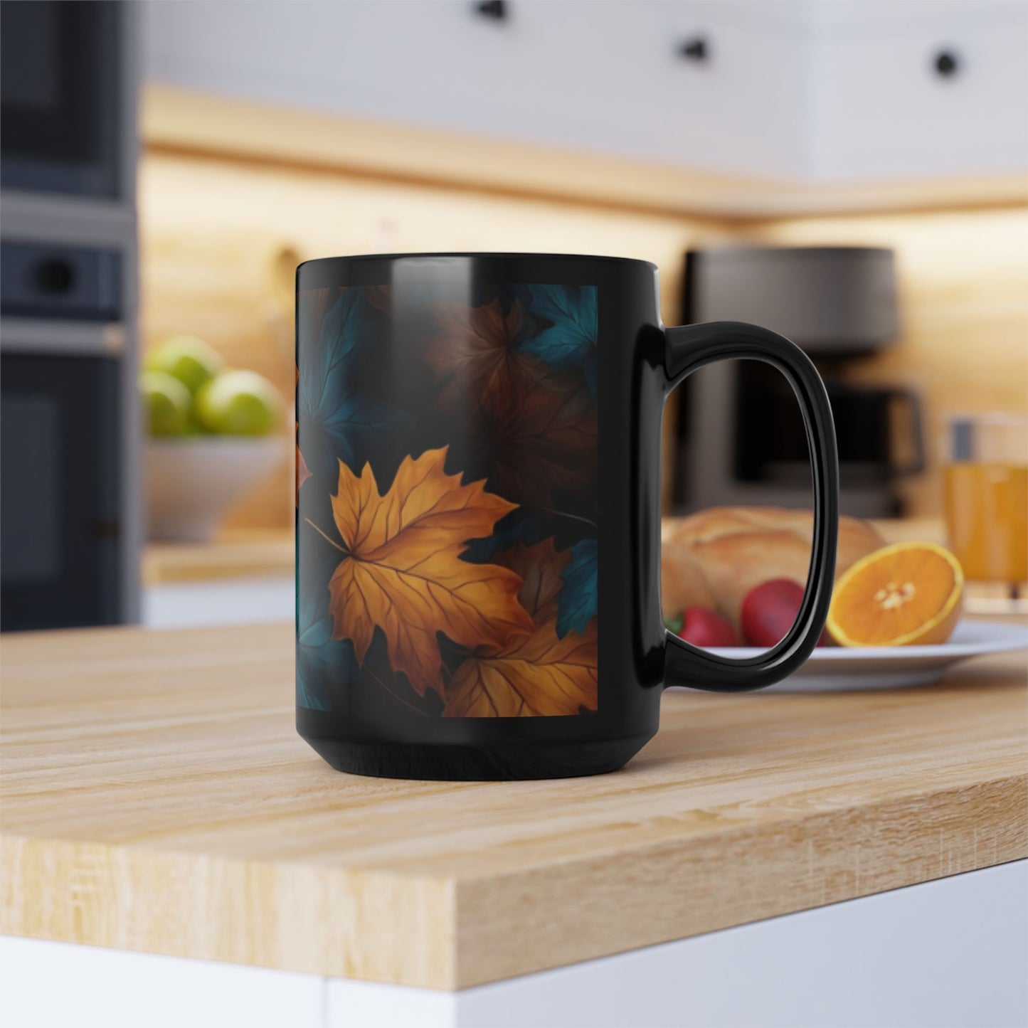 Blue and Orange Leaf Fall Decor Coffee Cup, Cozy Home Gift, Thanksgiving Ceramic 15oz