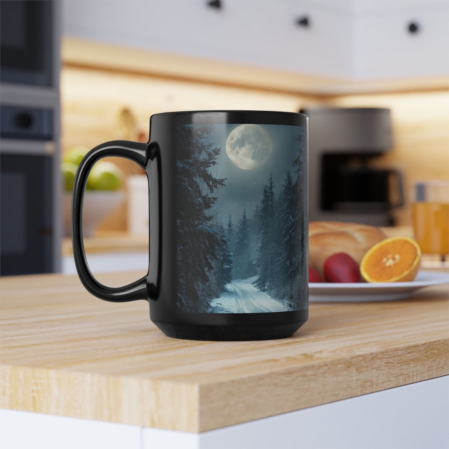 Moon Winter Trail Holiday 15oz Black Mug — Holiday Coffee & Tea Ceramic Cup