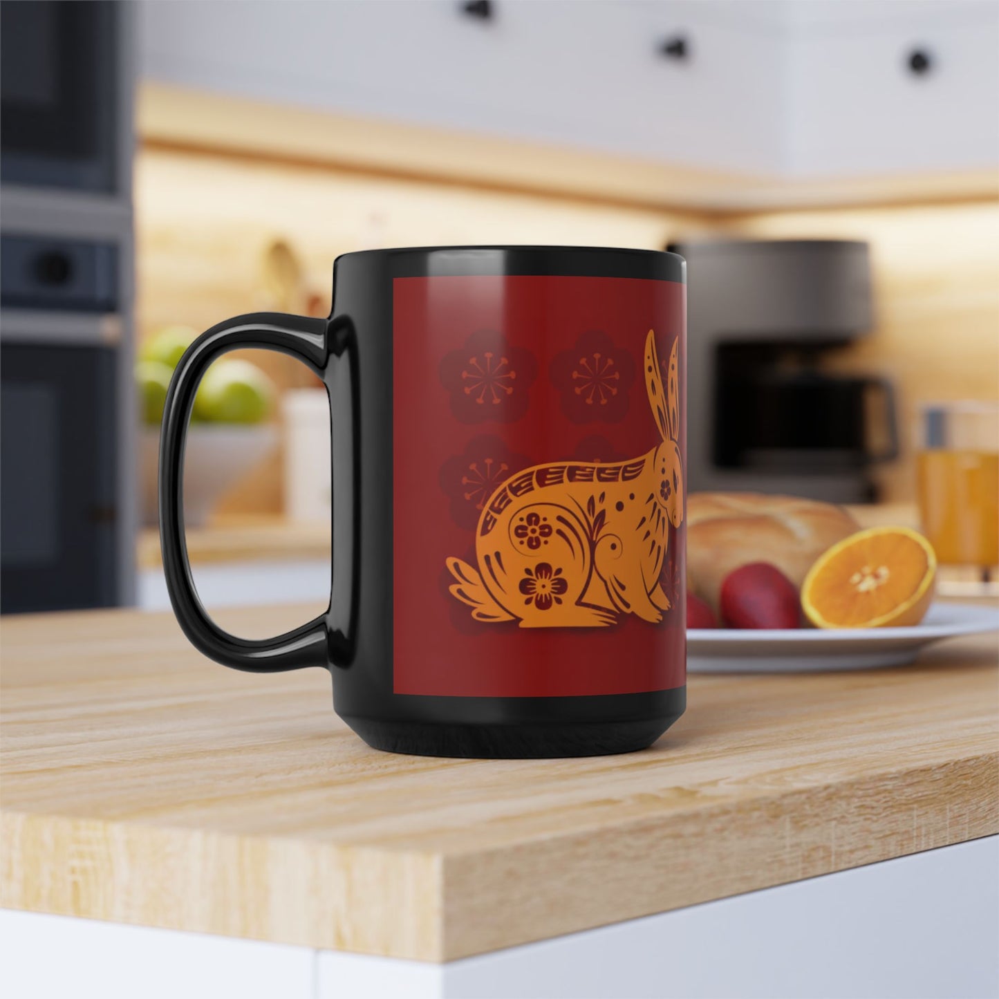 Chinese Zodiac Rabbit Mug, Reflection Gratitude Growth Black 15oz Cup, Astrology Gift, Lunar New Year Mug, Zodiac Animal Mug, Coffee Cup