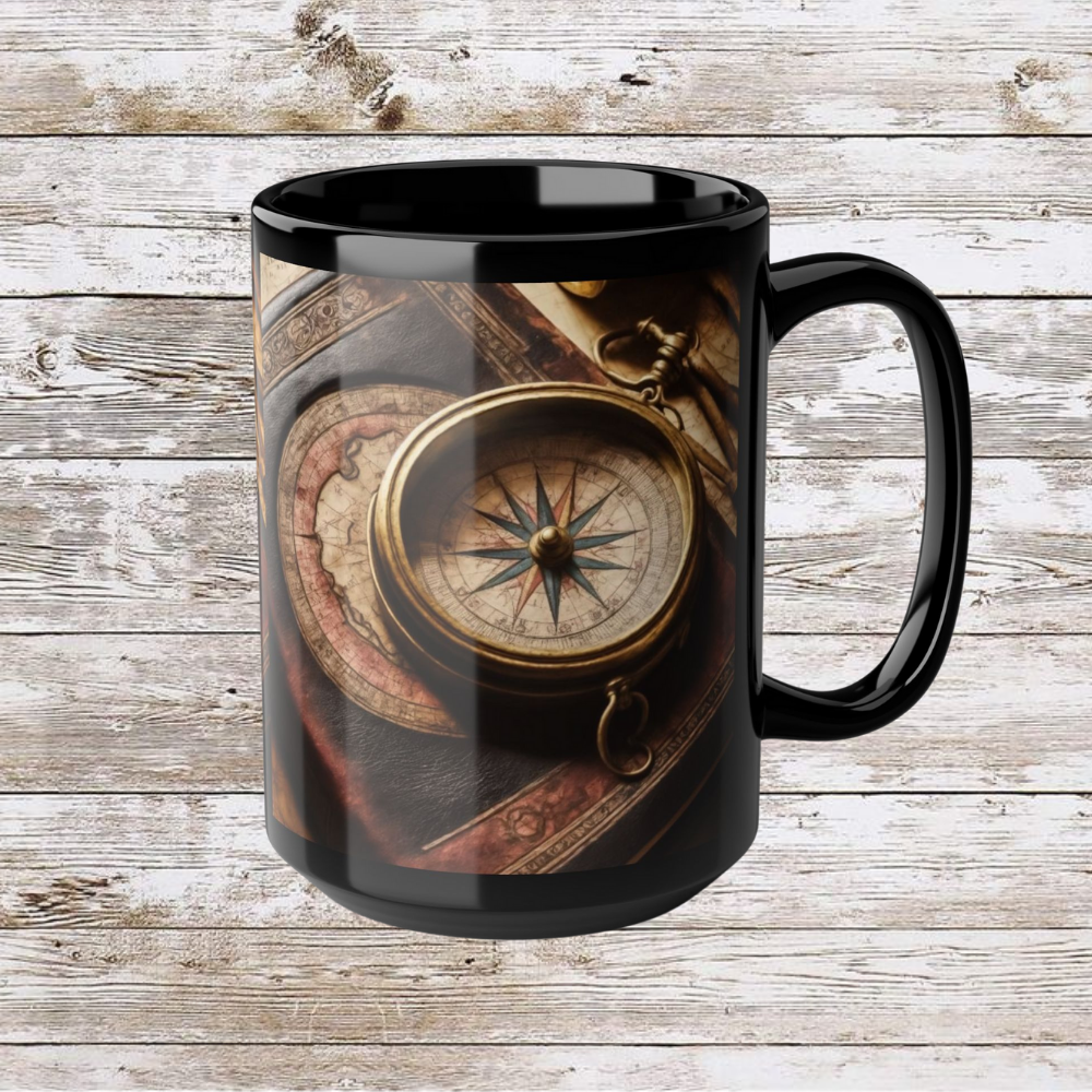Compass and Book Black Mug, Thanksgiving Ceramic Cup, Cozy Home Gift, Seasonal Drinkware, Large Tea Mug, Black Coffee Cup