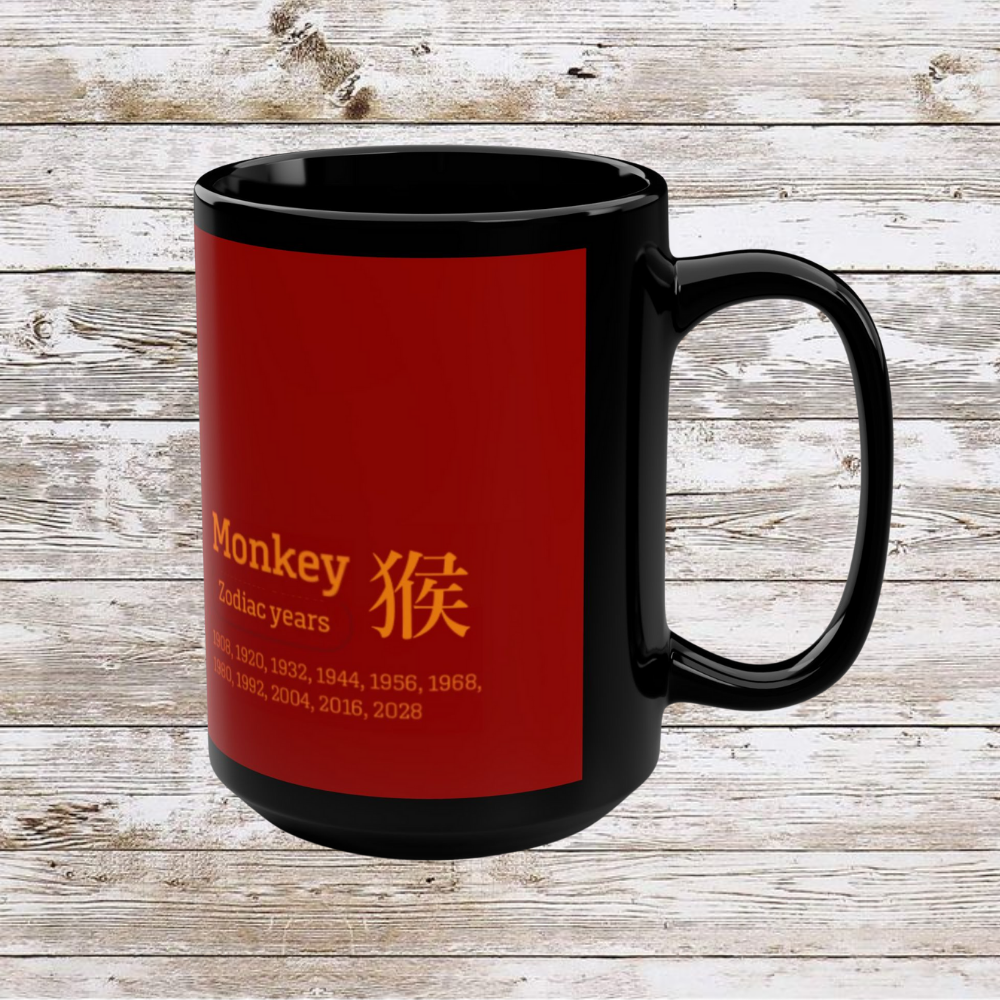 Chinese Zodiac Monkey Coffee Mug, Reflection Gratitude Growth Black 15oz Cup, Astrology Gift, Lunar New Year Mug, Zodiac Animal Mug