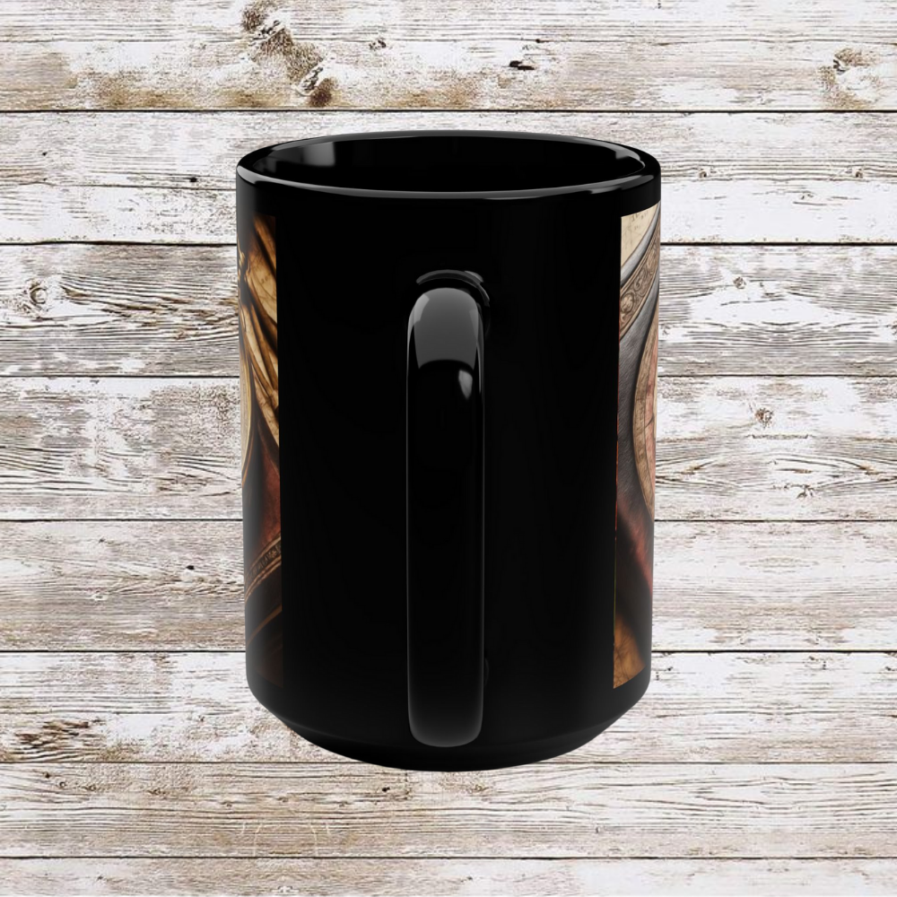 Compass and Book Black Mug, Thanksgiving Ceramic Cup, Cozy Home Gift, Seasonal Drinkware, Large Tea Mug, Black Coffee Cup