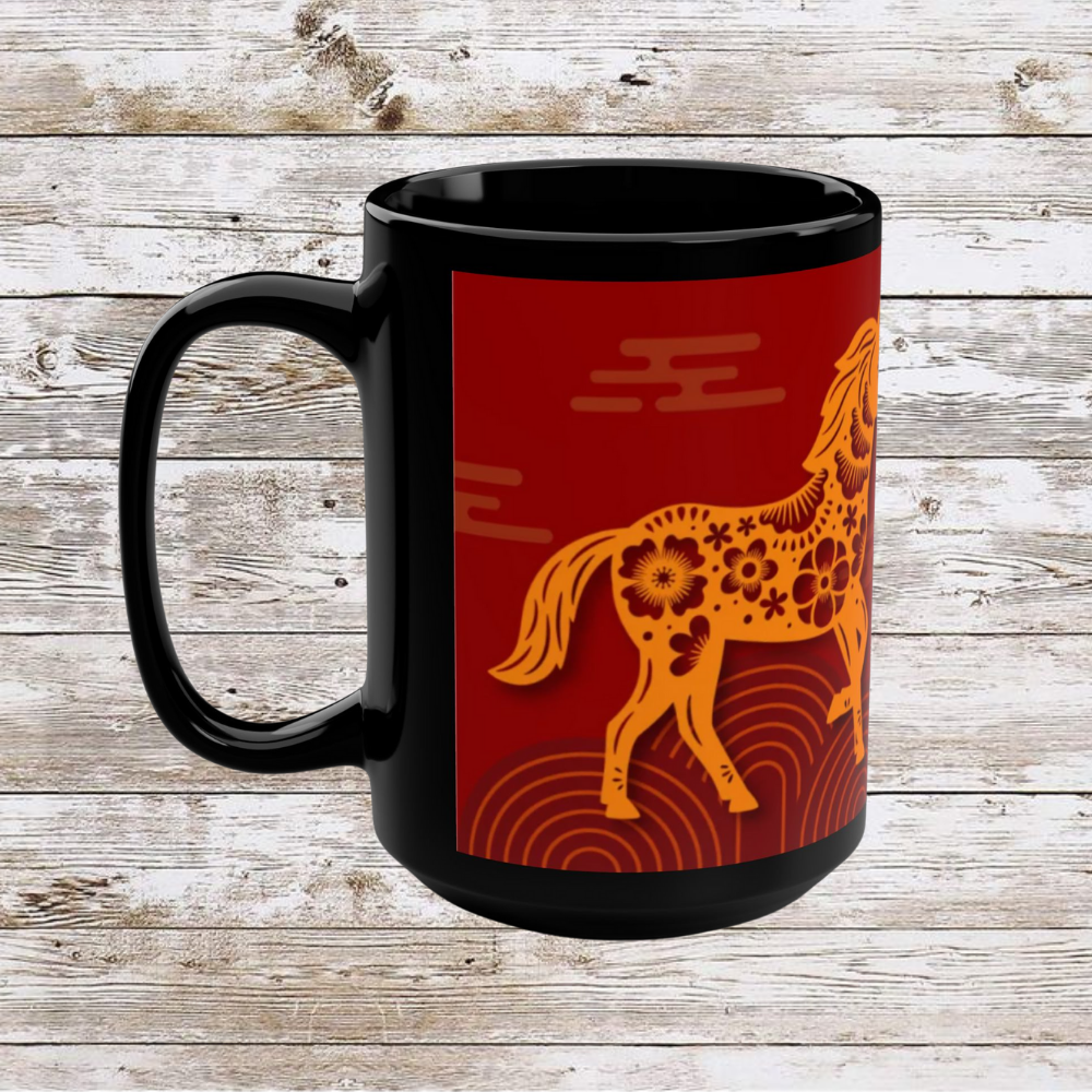 Chinese Zodiac Horse Coffee Mug, Reflection Gratitude Growth, Black Coffee Cup, 15oz Mug, Astrology Gift