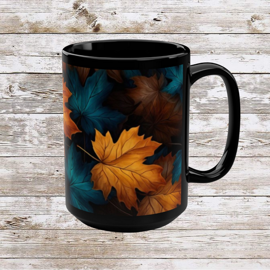 Blue and Orange Leaf Fall Decor Coffee Cup, Cozy Home Gift, Thanksgiving Ceramic 15oz
