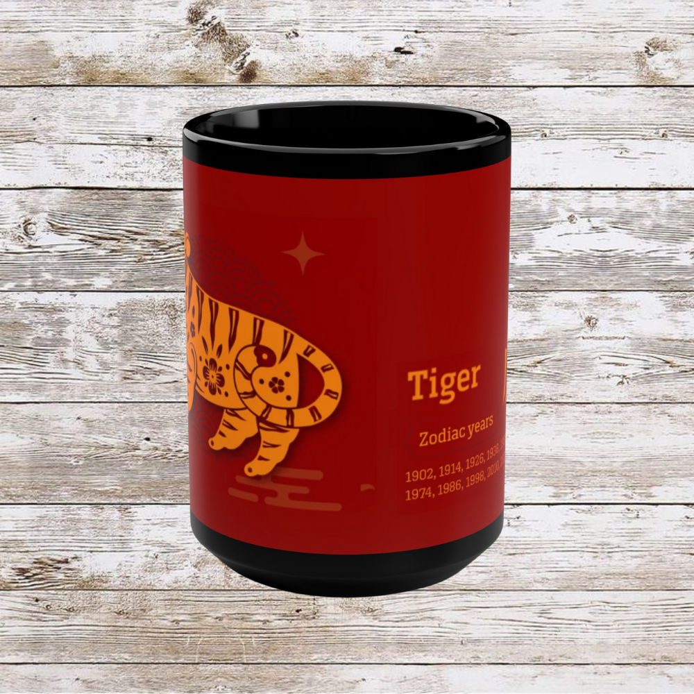 Chinese Zodiac Tiger Coffee Mug, Reflection Gratitude Growth Black 15oz Cup, Astrology Gift, Lunar New Year Mug, Zodiac Animal Mug