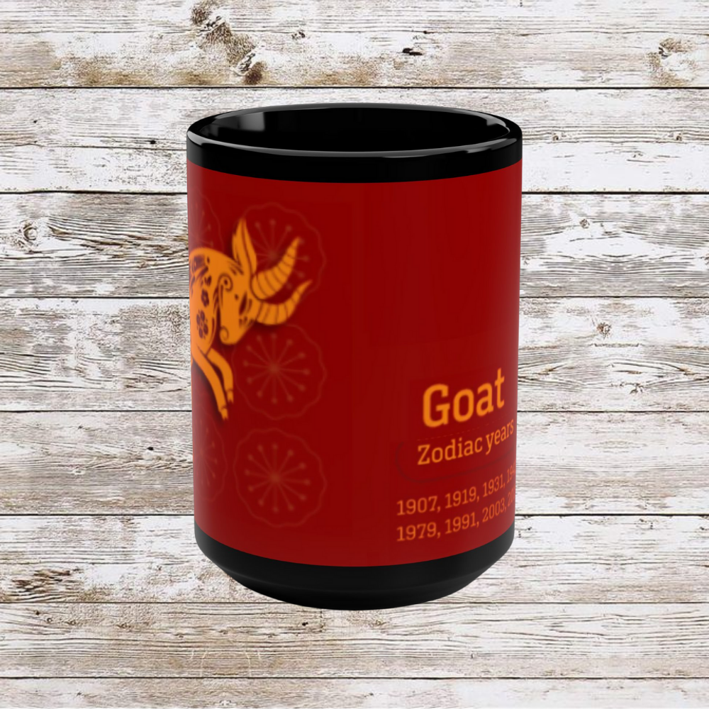 Chinese Zodiac Goat Coffee Mug, Reflection Gratitude Growth Black 15oz Cup, Astrology Gift, Lunar New Year Mug, Zodiac Animal Mug, Gift for