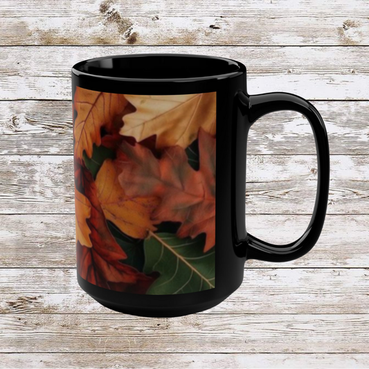 Fall Leaves Black Mug | 15oz Seasonal Coffee Cup, Fall Decor, Cozy Home Gift for Friends and Family, Thanksgiving Ceramic Mug