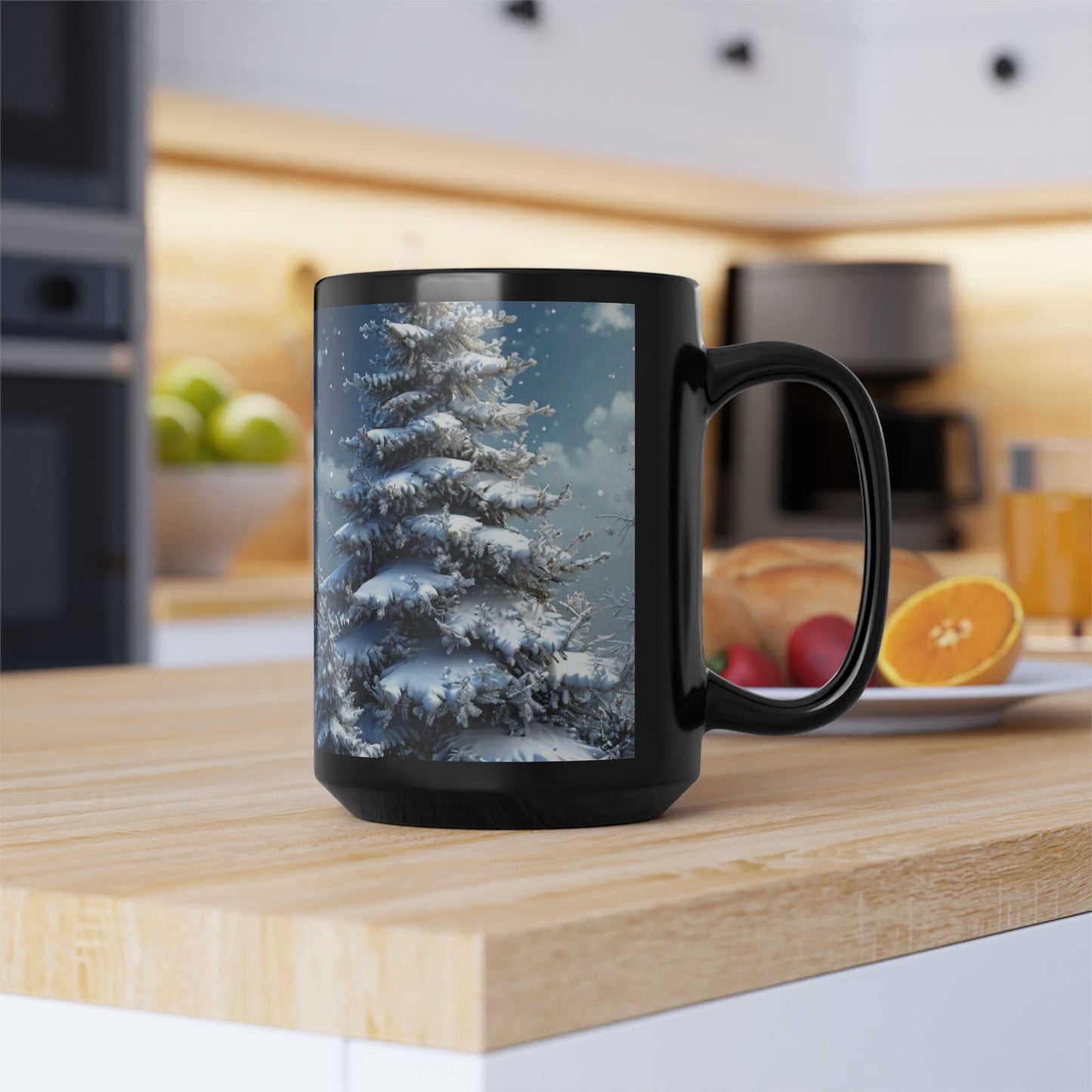 White Winter Christmas Tree 15oz Black Mug — Holiday Coffee & Tea Ceramic Cup