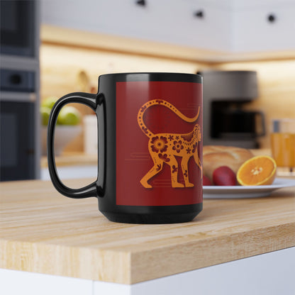 Chinese Zodiac Monkey Coffee Mug, Reflection Gratitude Growth Black 15oz Cup, Astrology Gift, Lunar New Year Mug, Zodiac Animal Mug