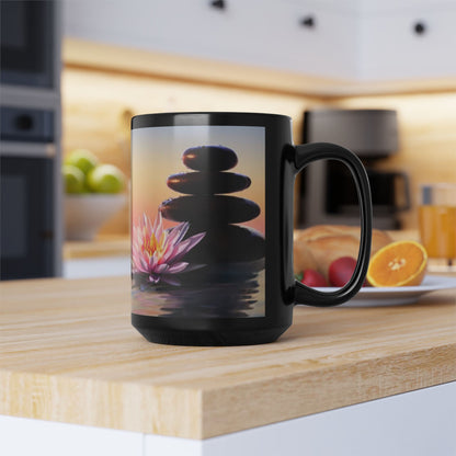 Lotus Flower Zen 15oz Black Mug — Calming Meditation Coffee Cup