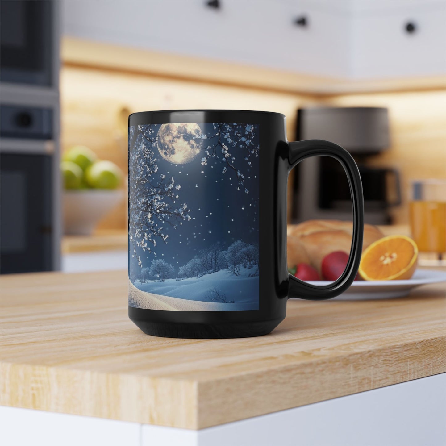 White Winter Tree 15oz Black Mug — Holiday Coffee & Tea Ceramic Cup