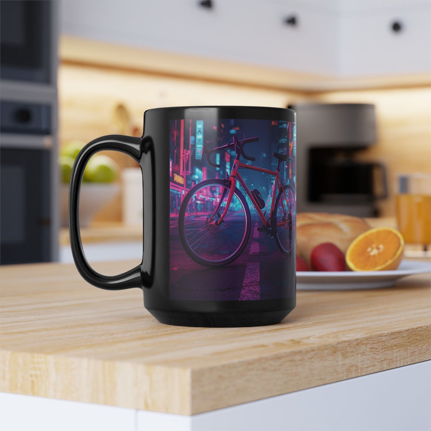 Neon Bicycle 15oz Black Ceramic Mug — Vibrant Cycling Coffee & Tea Cup