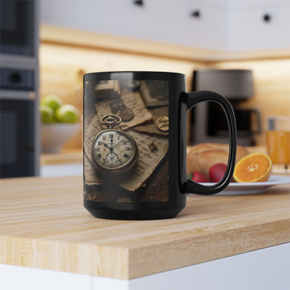 Clock and Papers Design, Thanksgiving Ceramic Cup, Cozy Home Gift, Seasonal Drinkware, Black Coffee Cup, Large Tea Mug