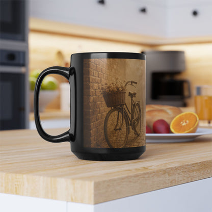 Bike with a Basket Ceramic Mug — 15oz Black Coffee & Tea Cup