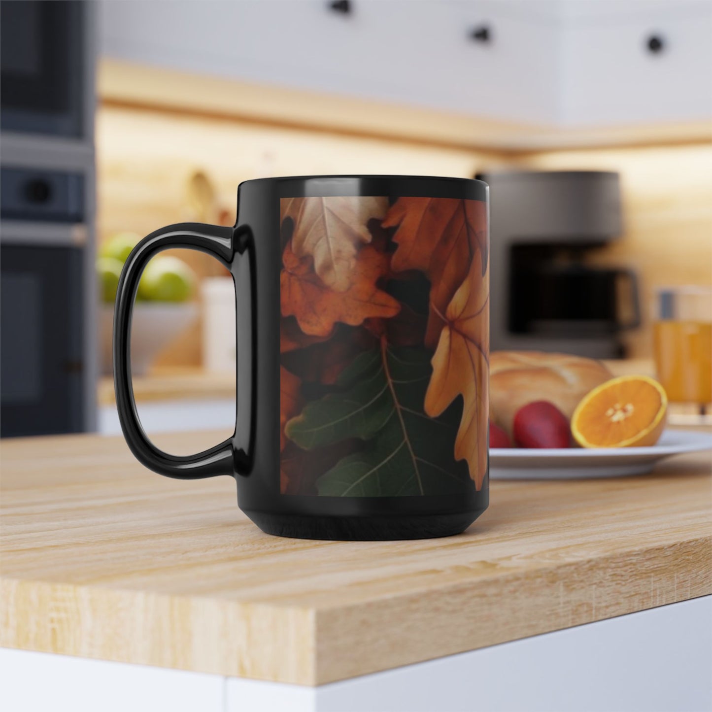 Fall Leaves Black Mug | 15oz Seasonal Coffee Cup, Fall Decor, Cozy Home Gift for Friends and Family, Thanksgiving Ceramic Mug
