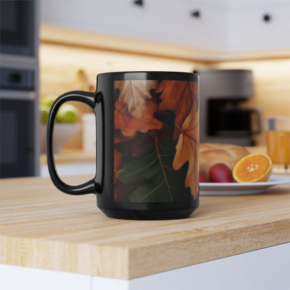 Fall Leaves Black Mug | 15oz Seasonal Coffee Cup, Fall Decor, Cozy Home Gift for Friends and Family, Thanksgiving Ceramic Mug