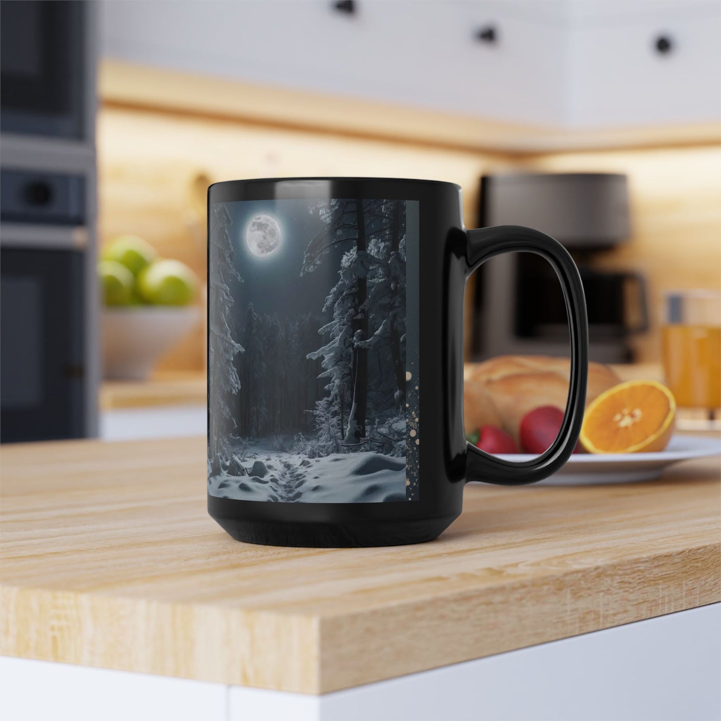 Snow Moon Winter Trail 15oz Black Mug — Holiday Coffee & Tea Ceramic Cup