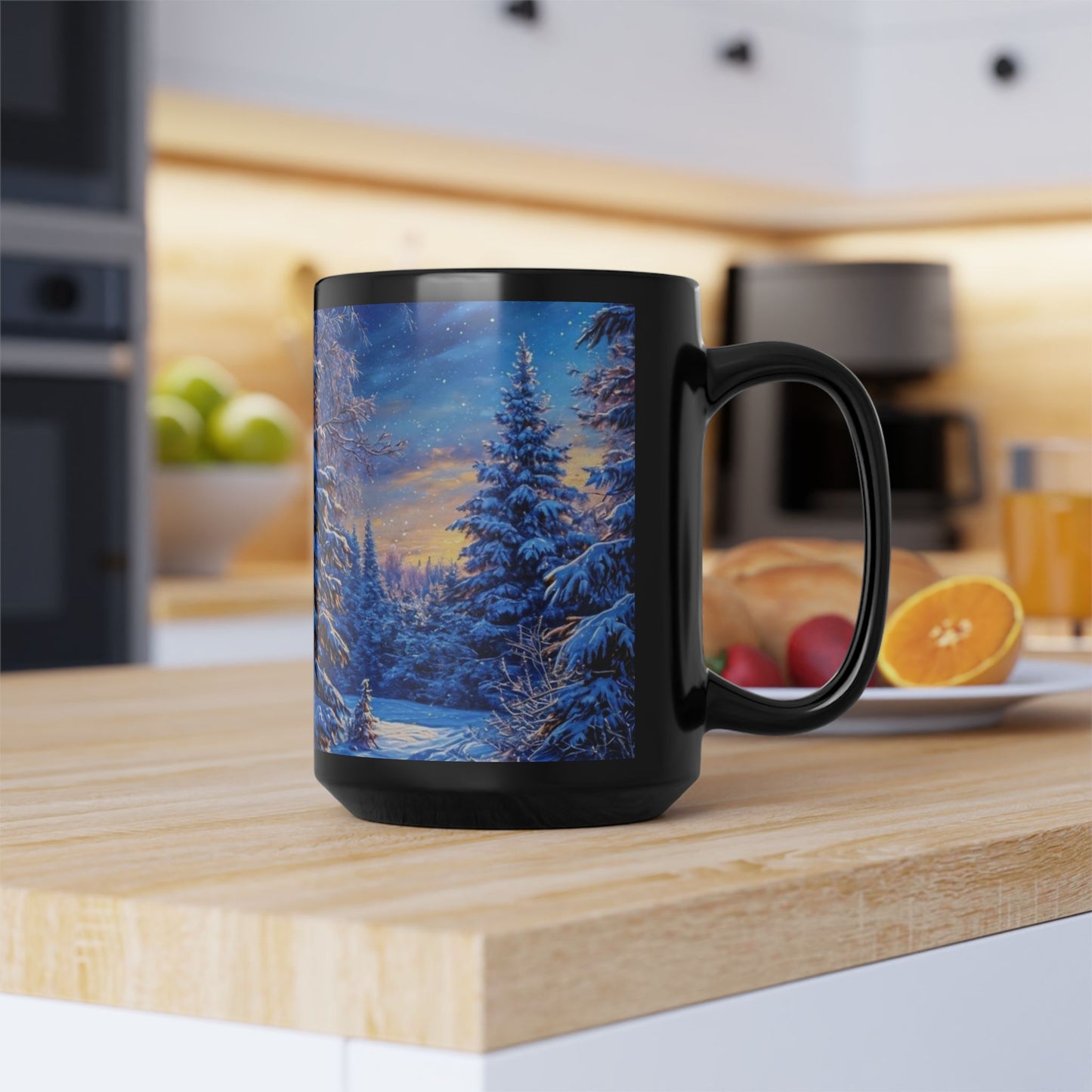 Winter Christmas Tree Black Mug - Coffee Cup, Tea Cup, Ceramic Cup, Unique Holiday Gift, 15oz Mug