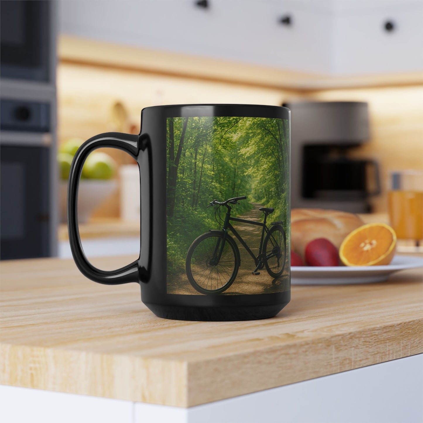 Bike in the Woods 15oz Black Ceramic Mug — Coffee & Tea Cup