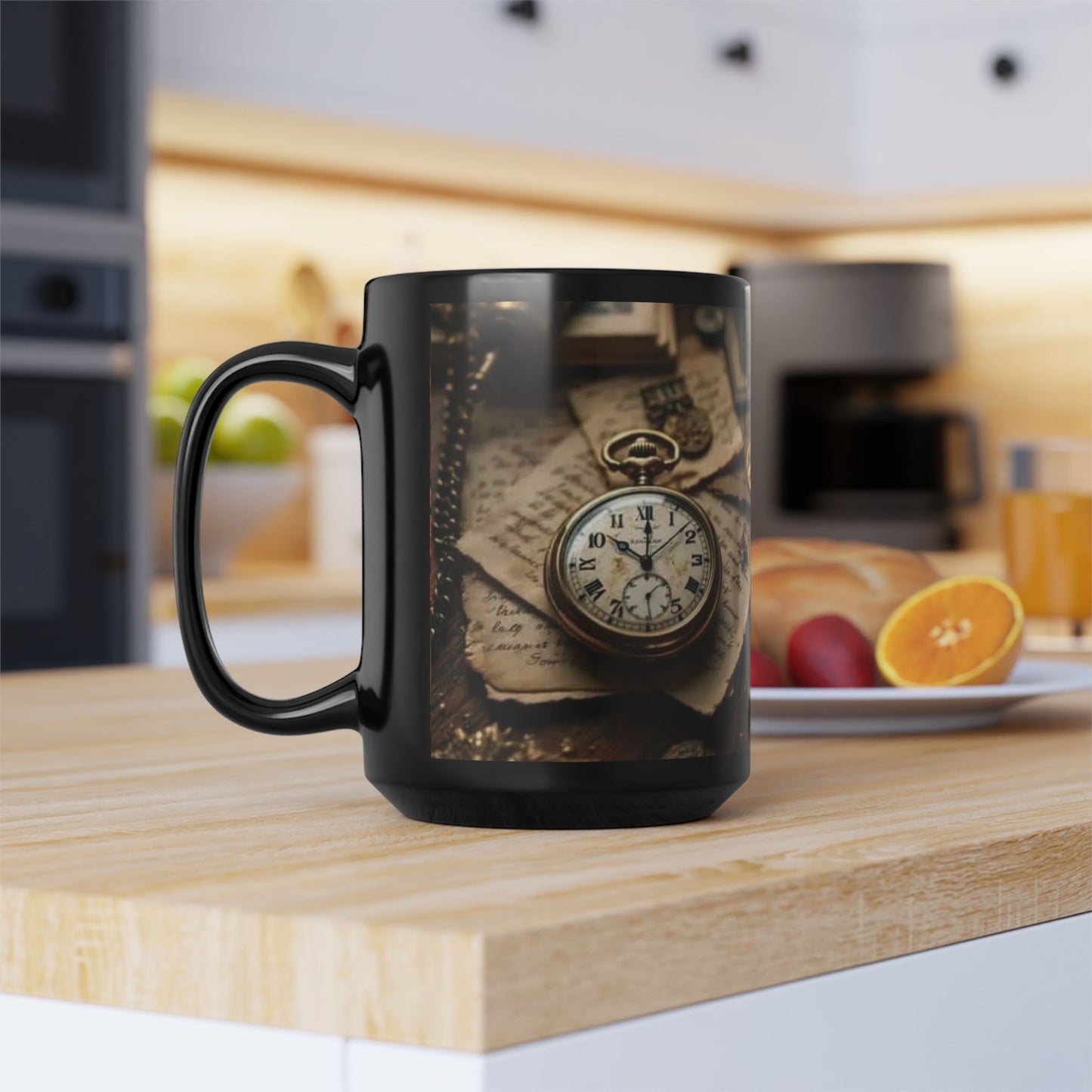 Clock and Papers Design, Thanksgiving Ceramic Cup, Cozy Home Gift, Seasonal Drinkware, Black Coffee Cup, Large Tea Mug
