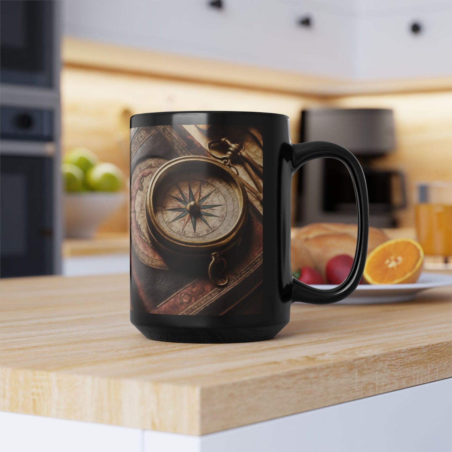 Compass and Book Black Mug, Thanksgiving Ceramic Cup, Cozy Home Gift, Seasonal Drinkware, Large Tea Mug, Black Coffee Cup