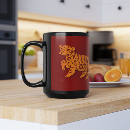 Chinese Zodiac Tiger Coffee Mug, Reflection Gratitude Growth Black 15oz Cup, Astrology Gift, Lunar New Year Mug, Zodiac Animal Mug