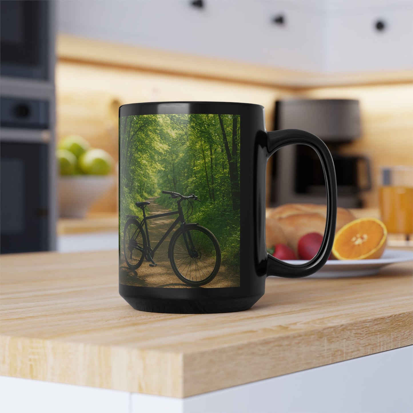 Bike in the Woods 15oz Black Ceramic Mug — Coffee & Tea Cup