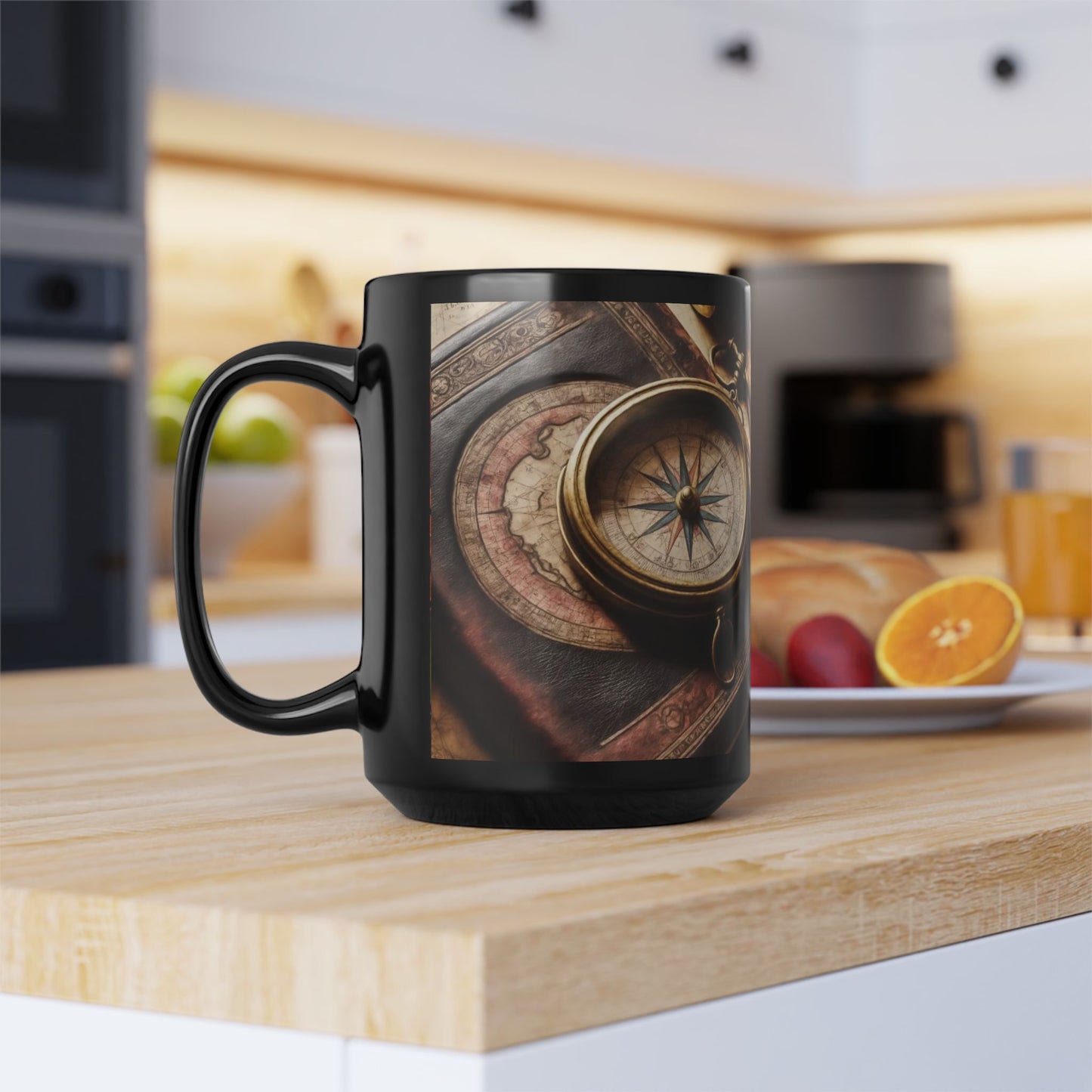 Compass and Book Black Mug, Thanksgiving Ceramic Cup, Cozy Home Gift, Seasonal Drinkware, Large Tea Mug, Black Coffee Cup