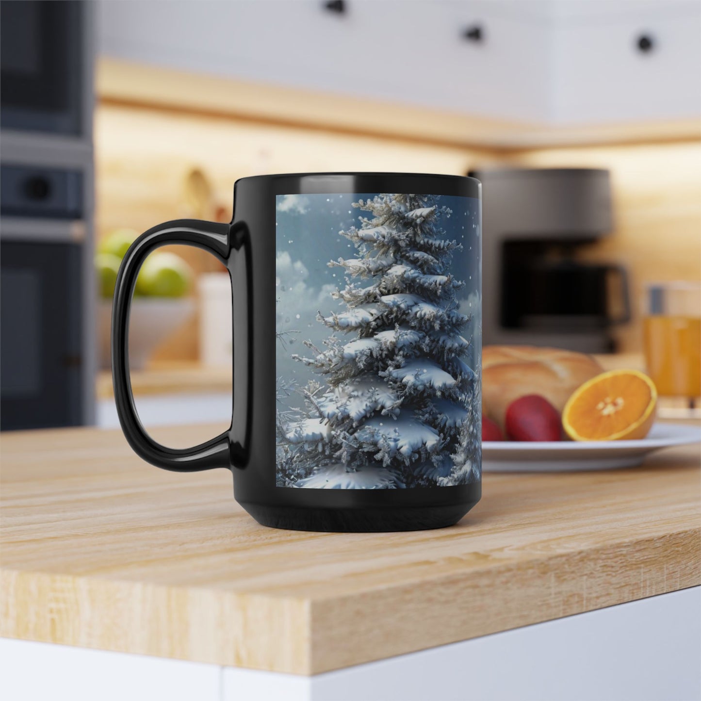 White Winter Christmas Tree 15oz Black Mug — Holiday Coffee & Tea Ceramic Cup