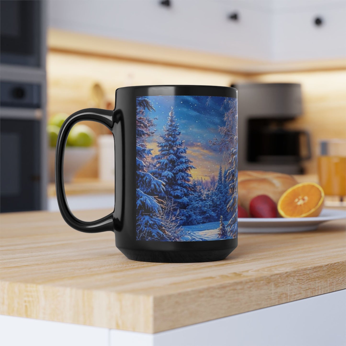 Winter Christmas Tree Black Mug - Coffee Cup, Tea Cup, Ceramic Cup, Unique Holiday Gift, 15oz Mug