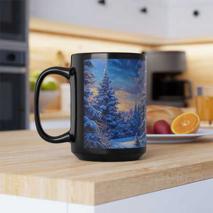 Winter Christmas Tree Black Mug - Coffee Cup, Tea Cup, Ceramic Cup, Unique Holiday Gift, 15oz Mug