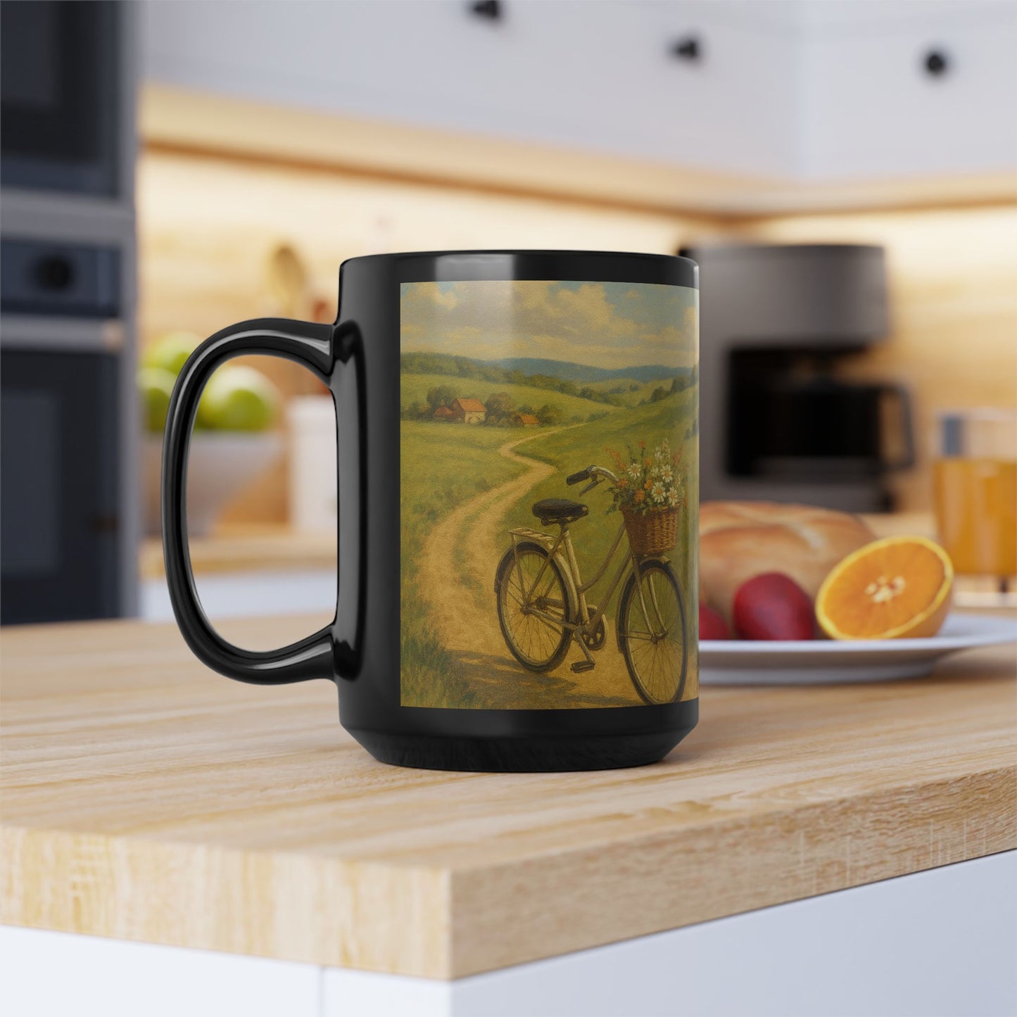 Countryside Bicycle 15oz Black Ceramic Mug — Retro Bike Coffee & Tea Cup
