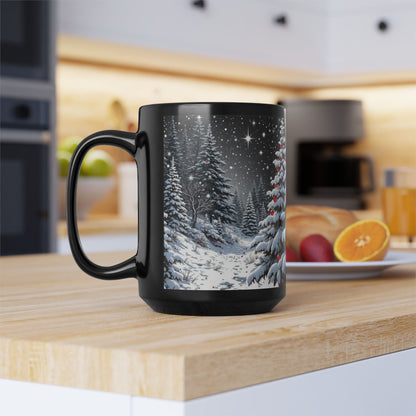Winter Christmas Tree Black Mug - Coffee Cup, Tea Cup, Unique Holiday Gift, Ceramic Cup, 15oz Mug