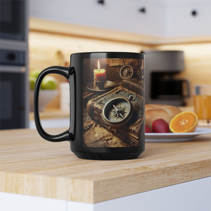 Compass and Candle Black Mug, Thanksgiving Ceramic Cup, Cozy Home Gift, Seasonal Drinkware, Large Tea Mug, Black Coffee Cup