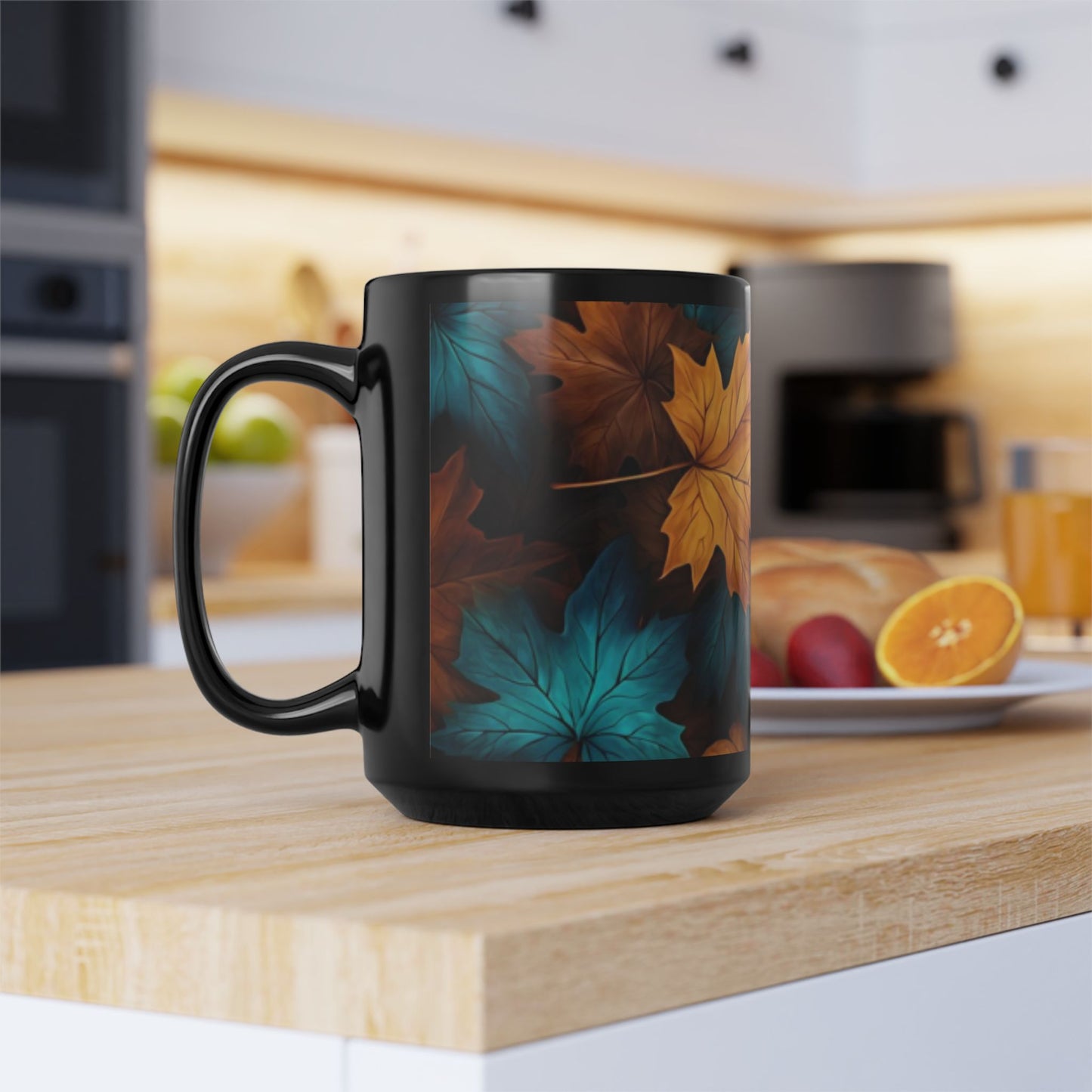 Blue and Orange Leaf Fall Decor Coffee Cup, Cozy Home Gift, Thanksgiving Ceramic 15oz