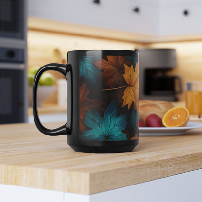 Blue and Orange Leaf Fall Decor Coffee Cup, Cozy Home Gift, Thanksgiving Ceramic 15oz