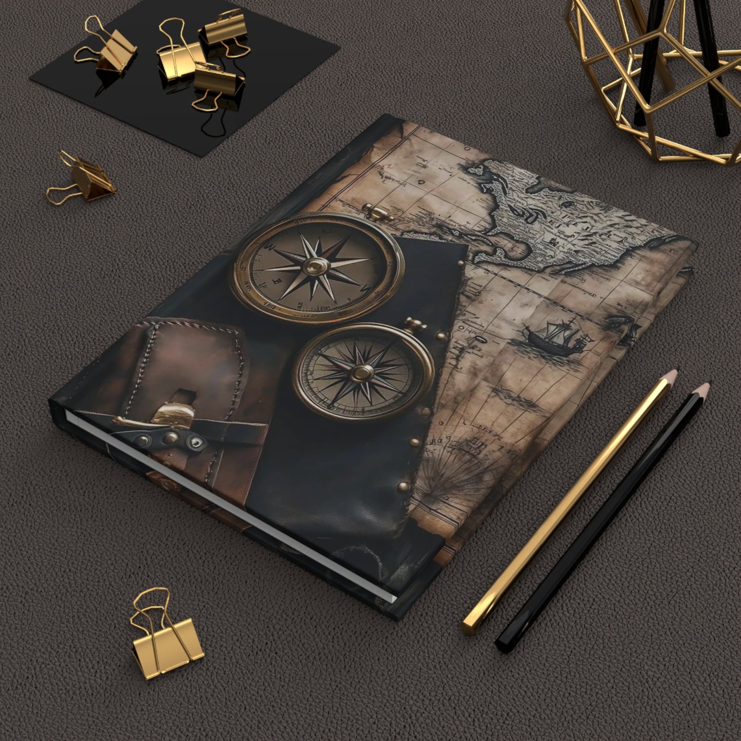 Compasses and Pouch Daily Journal - Hardcover, Planner, Reflection, Personal Growth - Traveler's Notebook, Bullet Journal, Organizer, Gift