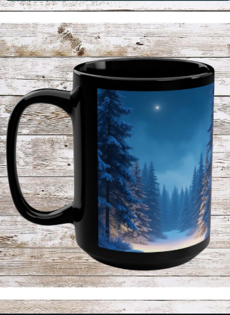 North Star Winter 15oz Black Mug — Holiday Coffee & Tea Ceramic Cup