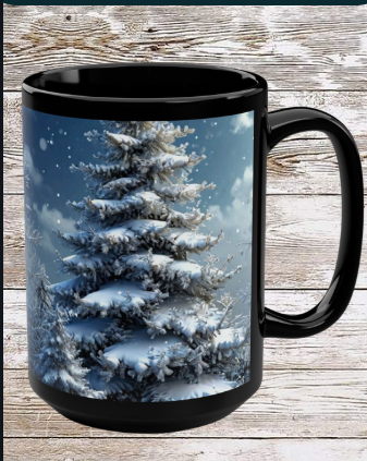 White Winter Christmas Tree 15oz Black Mug — Holiday Coffee & Tea Ceramic Cup