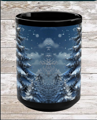 White Winter Christmas Tree 15oz Black Mug — Holiday Coffee & Tea Ceramic Cup