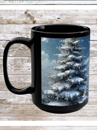 White Winter Christmas Tree 15oz Black Mug — Holiday Coffee & Tea Ceramic Cup