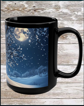 White Winter Tree 15oz Black Mug — Holiday Coffee & Tea Ceramic Cup