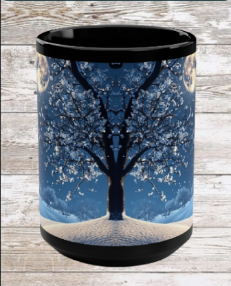 White Winter Tree 15oz Black Mug — Holiday Coffee & Tea Ceramic Cup