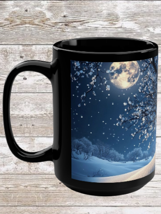 White Winter Tree 15oz Black Mug — Holiday Coffee & Tea Ceramic Cup