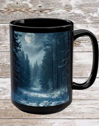 Moonlit Winter Trail 15oz Black Mug — Holiday Coffee & Tea Ceramic Cup