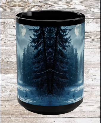 Moonlit Winter Trail 15oz Black Mug — Holiday Coffee & Tea Ceramic Cup