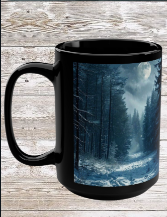 Moonlit Winter Trail 15oz Black Mug — Holiday Coffee & Tea Ceramic Cup