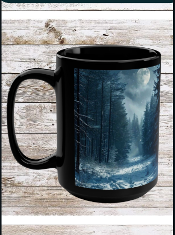 Moonlit Winter Trail 15oz Black Mug — Holiday Coffee & Tea Ceramic Cup