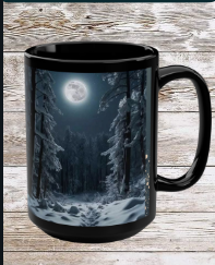 Snow Moon Winter Trail 15oz Black Mug — Holiday Coffee & Tea Ceramic Cup
